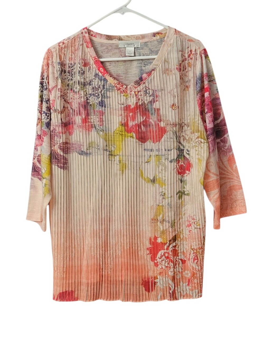 CJ Banks Multi-Color Floral V-Neck Pleated Tunic Top Women X/14W
